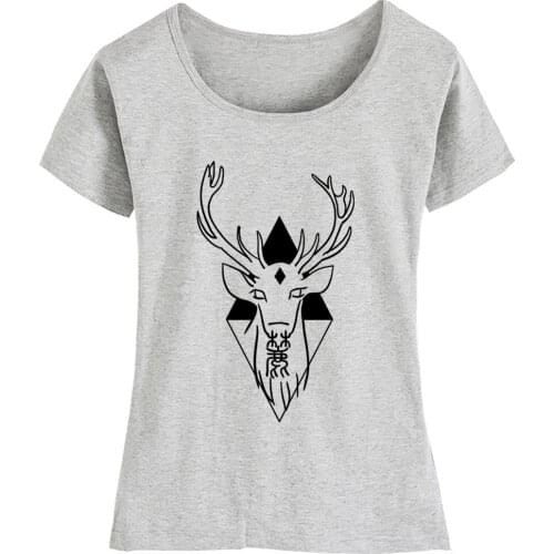Buck Deer Horns Antlers Chinese Calligraphy Geometric Triangle Diamond Cotton Girl Woman Short Sleeve T Shirt Summer ZIIART