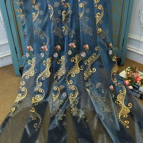 Blue High-end Embroidered Tulle for Living Room Bedroom Study Villa Light Luxury High-end Hotel Curtains Coffee Tulle Custom