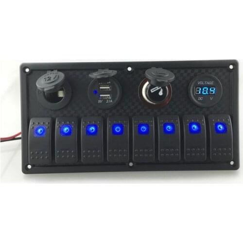 12V-24V DC 8 gang Waterproof marine blue led switch panel with power socket voltmeter and USB