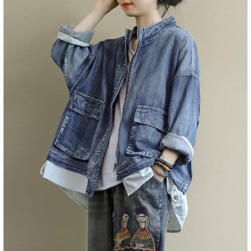 Large size loose literary long-sleeved denim jacket women autumn new style stand-up collar all-match casual jacket women Y670