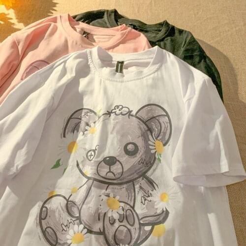 Women T shirt INS Little Bear Cute Daisy T Shirts Women Girl Oversized Cotton Tshirts Summer Tee New Fashion Female Vintage Tops