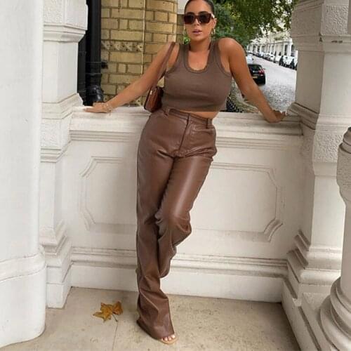 Faux PU Leather Pants Women Y2k Straight Pants Fashion Elegant Baggy Loose Pants Vintage Casual High Waist Trousers Harajuku