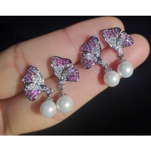 New S925 Silver Needle Simple Wild Lady Pearl Earrings Pink Butterfly WingsAAA Zircon Earrings Popular Jewelry