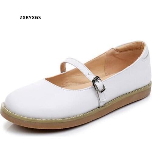 2021 New Spring Top Cowhide Leather Shoes Comfortable Elegant Women Shoes Flat Wear-resistant Soft Sole Black White Casual Shoes