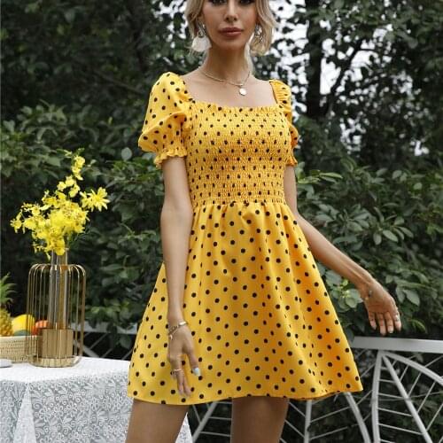 2021 Vintage New Fashion Women Summer Square Collar Polka Dot Printed Puff Sleeve Casual Party Fashion Retro Mini Dresses