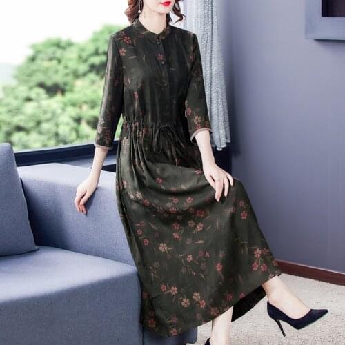 2021 Spring Vintage 4XL Plus Size Floral Silk Maxi Dress Autumn Women Elegant Casual Midi Dress New Bodycon Print Party Vestidos
