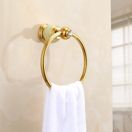 Gold Copper Bathroom Towel Ring/Rack Soild Brass Bath Hardware Shelf Jade Base Nail Punched Wall Mounted Round Type