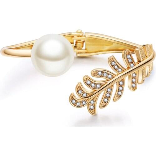 Gold-color Leaves Bracelets Crystal Rhinestone Asymmetric Bracelet Cuff Imitation Pearl Opening Bangles New Jewelry