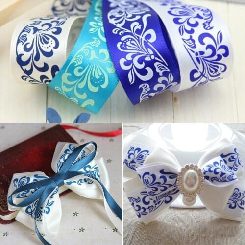 1''25mm Blue and White Porcelain Printed Satin Ribbons DIY Handmade Baby Girl Headband Hair Clip Bow Tie Accessories (1 Meter)