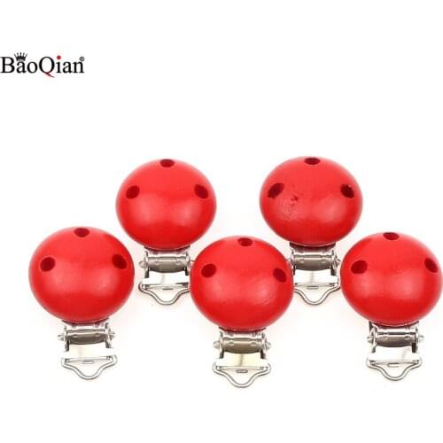 5Pcs Red Wooden Metal Baby Dummy Pacifier Clips Holders Round Clasps Suspender Garment Accessories Plastic Insert 29x45mm