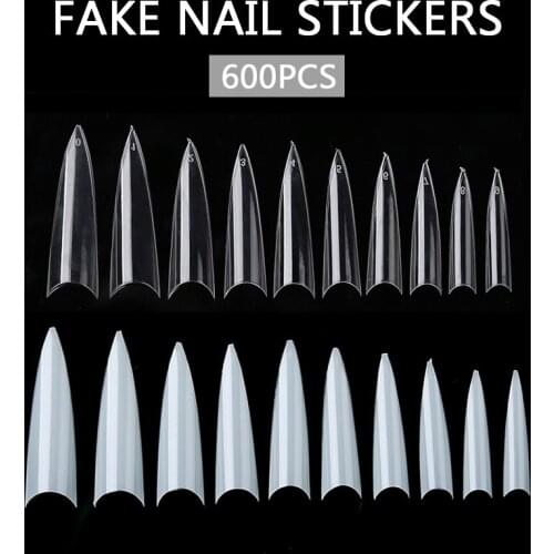 600Pcs/set Long Stiletto Nail Tips French False Fake Acrylic Nail Art Nail Extension Fingernail Claw Clear White Natural