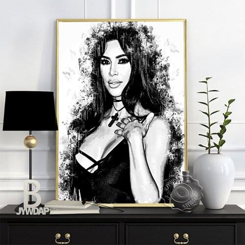 Watercolor Beauty Kim Kardashian Sketch Printing Poster, Black White Long Hair Goddess Art Prints, Minimalism Nordic Home Decor