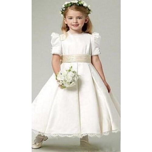 Ivory Satin Flower Girl Dresses Hot Selling Matched Bow Sash Half Sleeve A-Line Ankle Length Kids First Communion Birthday Party