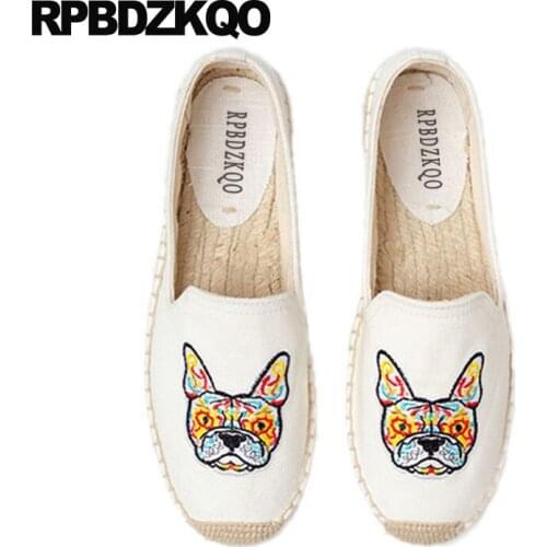 White Canvas Shoes Animal Print Embroidery Casual Espadrilles Hemp Loafers Women Flats Embroidered Flamingo Pineapple Watermelon