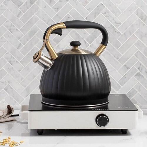 3.5L Whistling Kettle Black Pumpkin Shape Stainless Steel Tea Kettle With Heat-Proof Handle Universal Teapot for All Stovetops