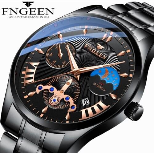 Black Watch Men Clock 2020 FNGEEN Brand Casual Quartz-watch Steel Waterproof Date Calendar Business Man Watch Relogio Masculino