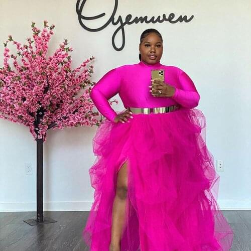 Fuschia Tulle Skirts High Split Ruffles Draped Evening Party Skirt юбка Ball Gown Womens skirt Tutu Skirts Plus Size