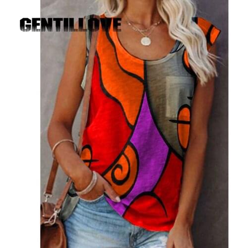Gentillove Women Patchwork Sleeveless Pockets Vintage O-Neck Loose Casual Office Lady Summer Basic T-Shirts Off Shoulder Tees