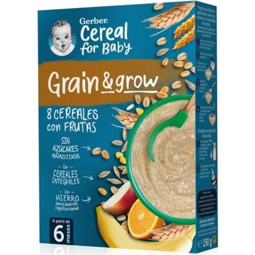 GERBER - GRAIN & GROW PAPILLA 8 CEREALES CON FRUTA (250 G) + 6 MESES