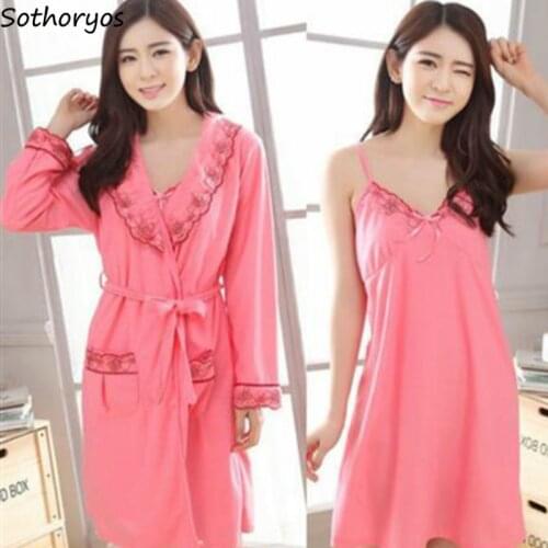 Robe Gown Sets Women V-neck Nightwear Lace Up Trendy Leisure Long Sleeve Sexy Home Thin Womens Bathrobe Comfortable Chic 2 Piece