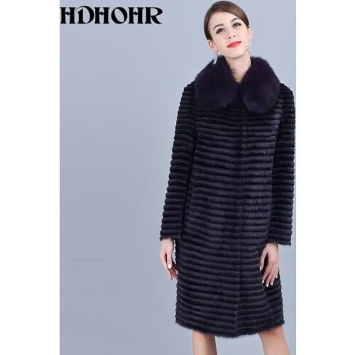 HDHOHR 2020 High Quality Real Mink Fur Coat Women Natural Fur Coats Noble Purple Fox Fur Collar Genuine Leather Long Jackets