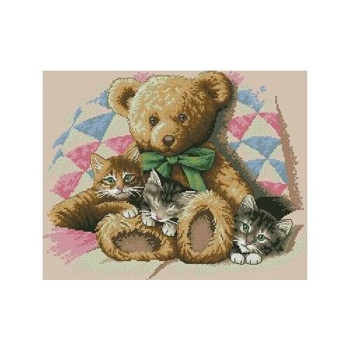 COTTON Free Delivery Top Quality Counted Cross Stitch Kit Teddy and Kittens Cats Cat dim 35236