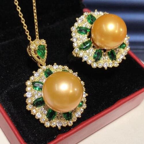 D605 Pearl Set Fine Jewelry Round 11-12mm Zircons Nature Fresh Water Golden Pearls Jewelry Sets for Women Presents