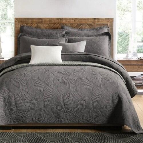 Gray Cotton Bedspread on the Bed Quilt Set 3PC Coverlet Solid Embroidered Bed Cover Pillowcase King Queen Summer Blanket for Bed