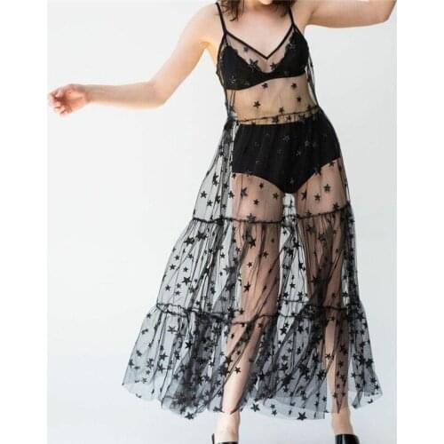 Swimwear women sundress Sexy fancy summer shiny Stars spaghetti strap mesh bikinis dress Beachwear Cover ups Holiday See-though