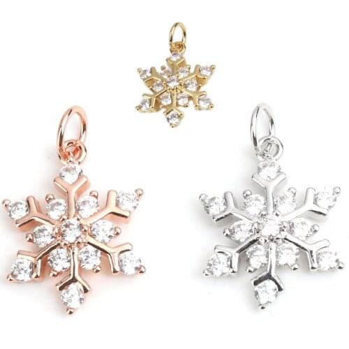 Copper Christmas Charms Rose Gold Color Christmas Snowflake Micro Pave With Clear Synthetic Rhinestone 21mm x 14mm , 1 Piece