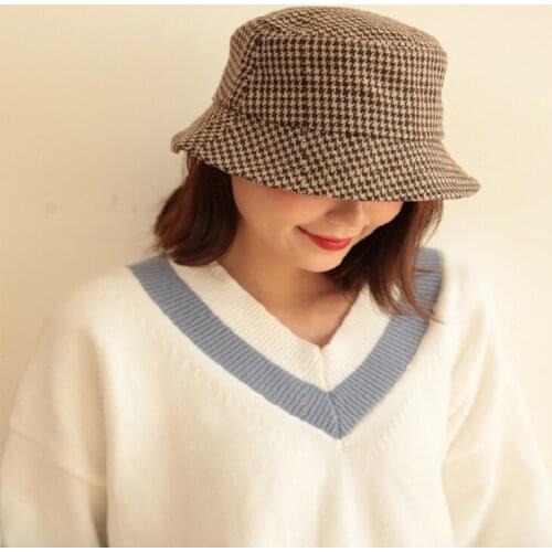 New Designer 2019 Autumn Winter Women Houndstooth Bucket Hats Fashion Hat Ladies Plaid Elegant Big Brim Caps Letter Wholesale