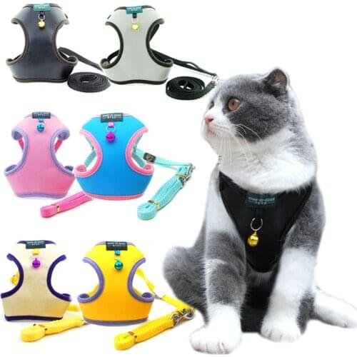 New Small Pet Dog Cat Harness Leash Set Fashion PU with Bells Soft Comfortable Cat Chest Harness Vest Pet Accessory