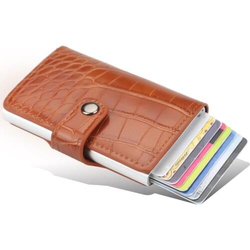 New RFID Aluminium Alloy Credit Card Holder PU Leather Card Wallet Card Holder for Men Women Automatic Pop Up Card Case