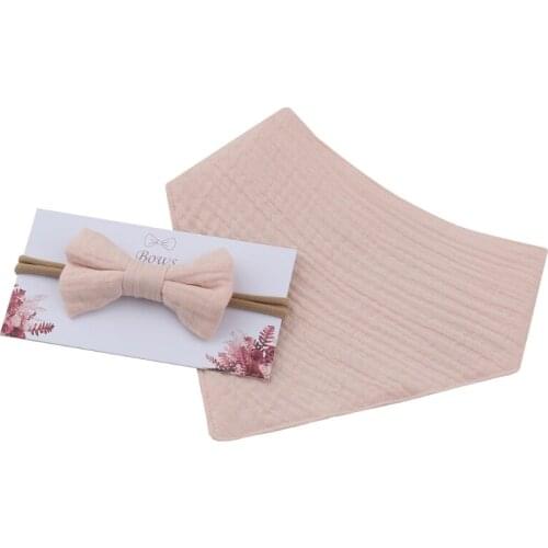C90C 2 Pcs Baby Girls Elastic Bow Headband Saliva Towel Set Princess Bowknot Hair Band Bibs Feeding Burp Cloth Kit