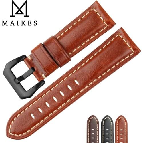 MAIKES Genuine Real Leather Watch band Stainless Steel Buckle 22mm 24mm 26mm Watch Accessories Watch Strap Bracelet For Panerai