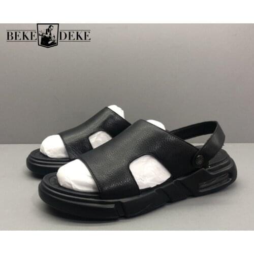 Summer Mens Platform Beach Sandals Genuine Leather Flats Slippers Open Toes Hollow Out Leisure Outside Sandals Gladiator Shoes