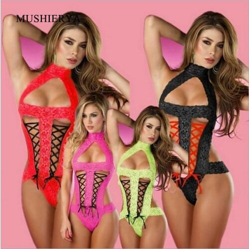 MUSHIERYA Sexy Erotic Body Suit Lingerie Women Sexy Nightwear Hot Sale Hollow Out Backless Lace Lingerie Erotica Set Nightwear