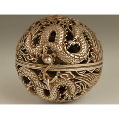 Old Tibet Silver Copper Hand Carved Dragon Phoenix Statue Incense Burner Buddha