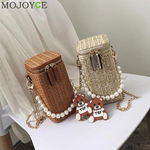 Pearls Tote Straw Bag Shoulder Messenger Handbags Women Straw Chain Crossbody Rattan Woven Beach Hand Bags For Female Ladies
