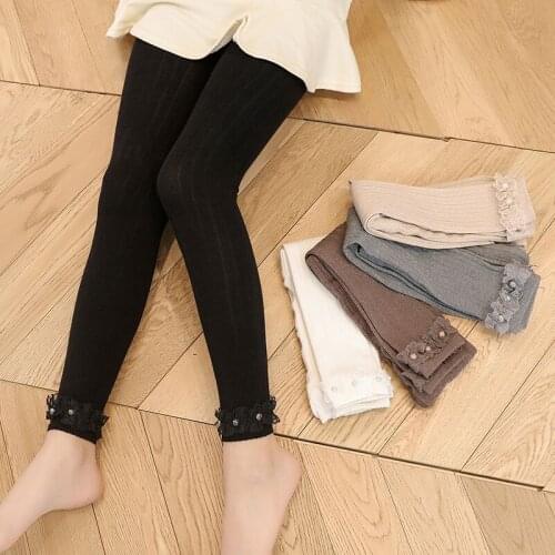Spring and autumn vertical lace pearl cropped trousers childrens pure cotton solid color high elasticity girls' leggings