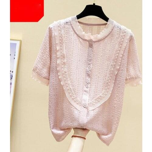 Chiffon Patchwork Lace Pink Women Shirts Summer New 2021 Sweet Style Solid Elegant Office Lady Outwear Tops
