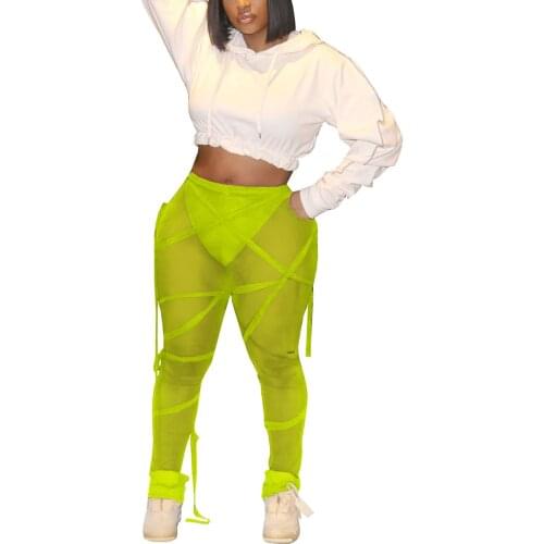 Women Summer Casual Pants Sheer Middle-Waist Straps Decorative Skinny Trousers for Girls 5 Colors