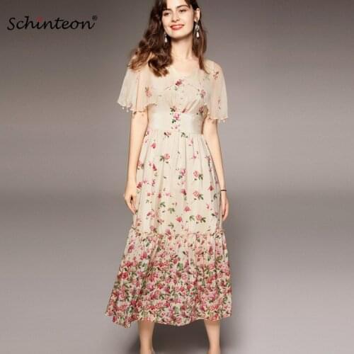 Schinteon Women Print Long Dress 100% Real Silk V-Neck Collar Flying Sleeve Beading Wrap Elegant Dresses Summer New Top Quality