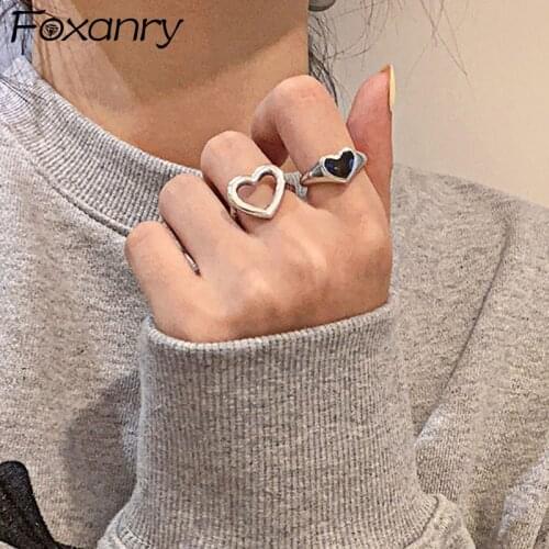 Foxanry Minimalist 925 Sterling Silver Finger Rings for Women Fashion Creative Hollow LOVE Heart Elegant Party Jewelry Gifts