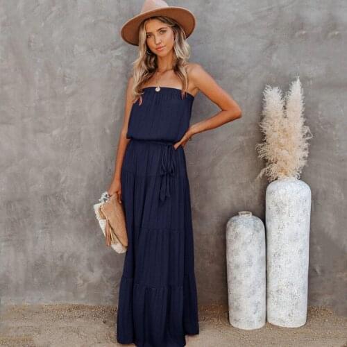 New Women Solid Strapless Summer Beach Party Maxi Dress Sexy Sleeveless Sashes Layered Ruffles Cupcake Dress Robe Femme Vestidos