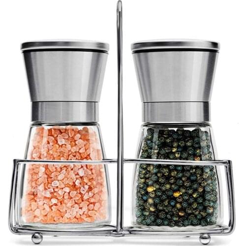 2PCS Stainless Steel Mills with Adjustable Coarseness Stand Salt and Pepper Grinder Set Manual Spice Grinder Kitchen Tools
