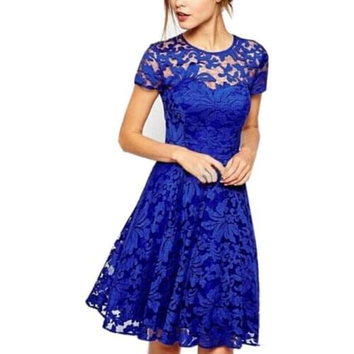5xl Plus Size Dress Fashion Women Elegant Sweet Hallow Out Lace Dress Sexy Party Princess Slim Summer Dresses Vestidos Red Blue