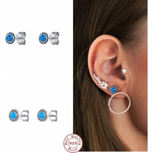 GS 925 Sterling Silver Round Blue Turquoise Stud Earrings For Women Tiny Retro Ear Studs Piercing Ohrringe Luxury Fine Jewelry