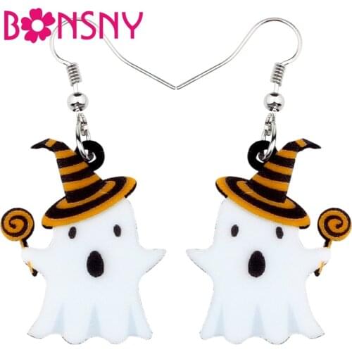 Bonsny Acrylic Cute Halloween Lollipop Ghost Earrings Drop Dangle Big New Fashion Festival Jewelry For Women Girls Teen Kid Gift