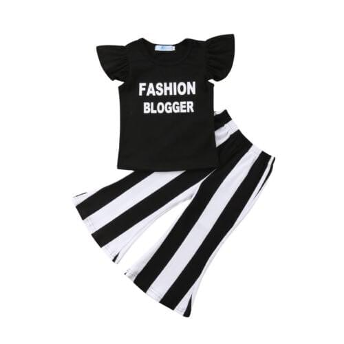 Kids Baby Girls Summer Tops Butterfly Sleeve T-shirt Bell-Bottom Striped Pants Outfit Set Clothes